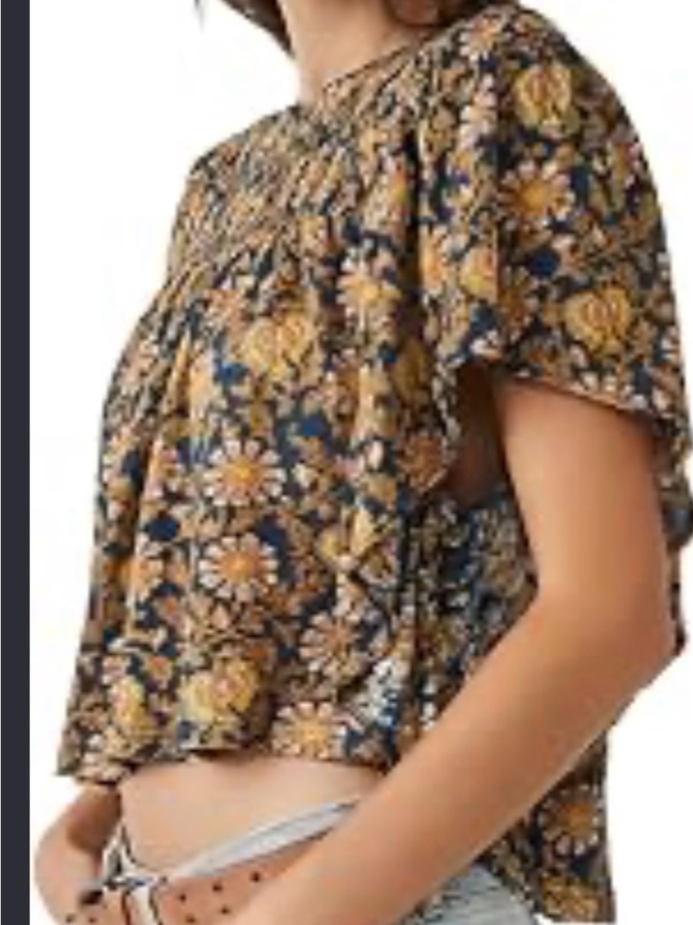 Free People Floral Smocked Yoke Short Sleeve Top - Navy & Mustard NWT